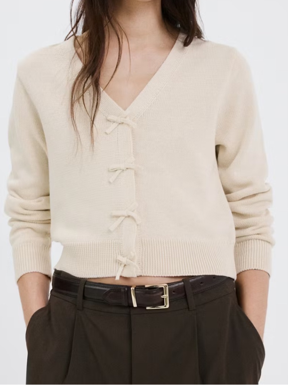 Mango Cream V-Neck Knit Sweater with Front Bow Accents 4098